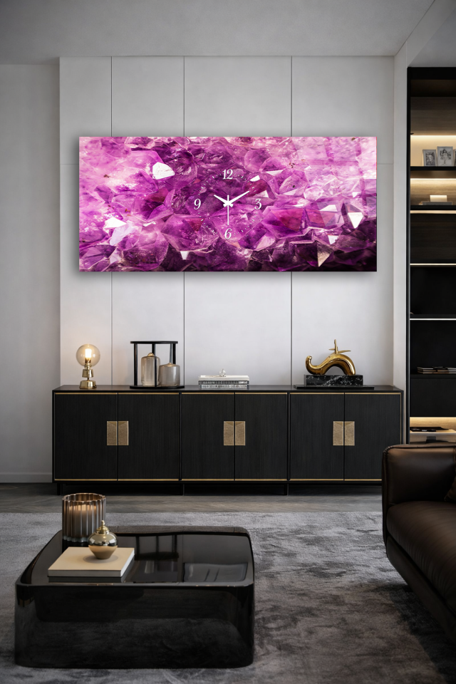 KIRILMAZ CAM DUVAR SAATİ , HEM TABLO HEM SAAT PEMPE KRİSTALLER SOYUT TASARIM EV OFİS HEDİYESİ