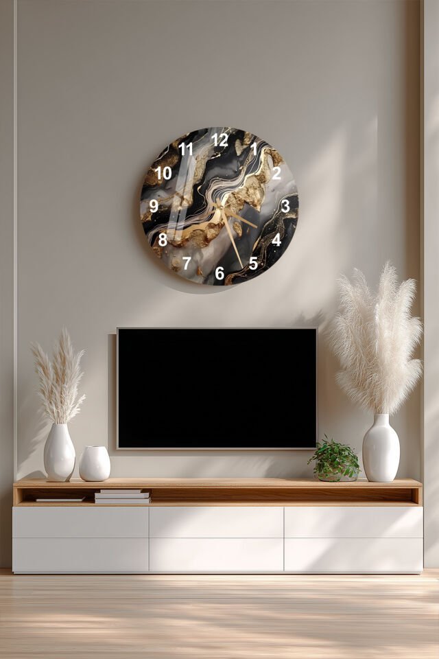 KIRILMAZ CAM DUVAR SAATİ, HEM TABLO HEM SAAT SİYAH ALTIN SOYUT LÜKS TASARIM EV OFİS HEDİYESİ