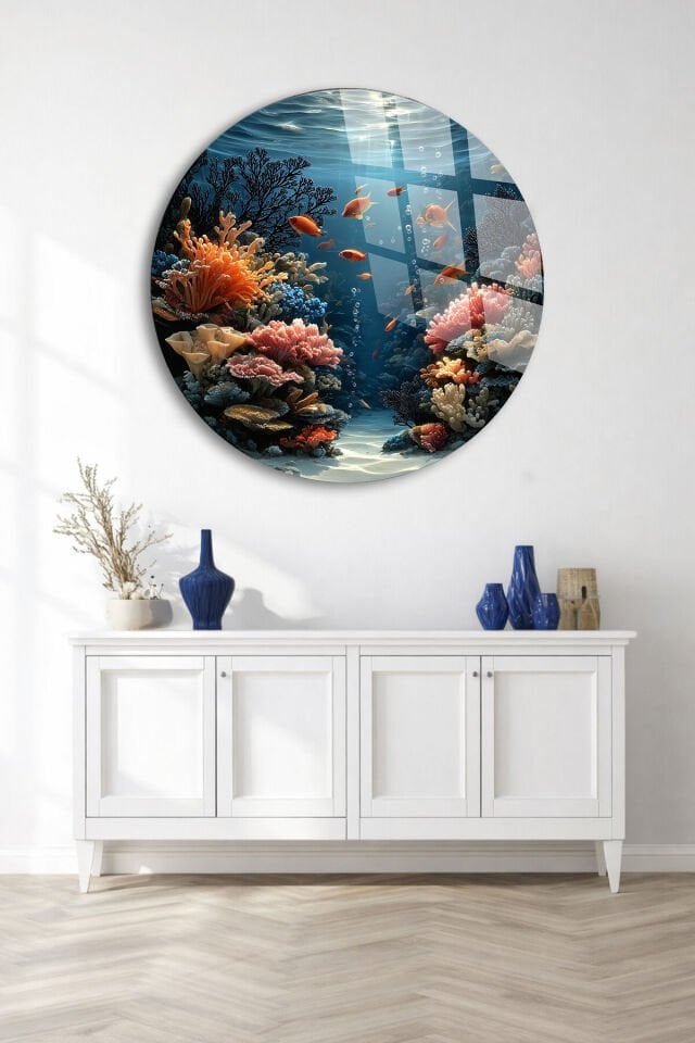 GERÇEK KIRILMAZ CAM TABLO YUVARLAK OKYANUS MERCAN BALIKLAR SU ALTI DUVAR DEKORU EV OFİS HEDİYESİ