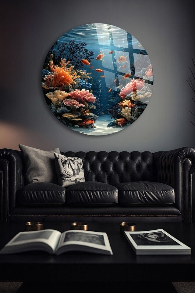 GERÇEK KIRILMAZ CAM TABLO YUVARLAK OKYANUS MERCAN BALIKLAR SU ALTI DUVAR DEKORU EV OFİS HEDİYESİ