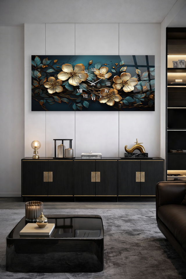 KIRILMAZ CAM DUVAR SAATİ , HEM TABLO HEM SAAT ALTIN DETAYLI ÇİÇEK MOTİFİ DEKORATİF EV OFİS HEDİYESİ