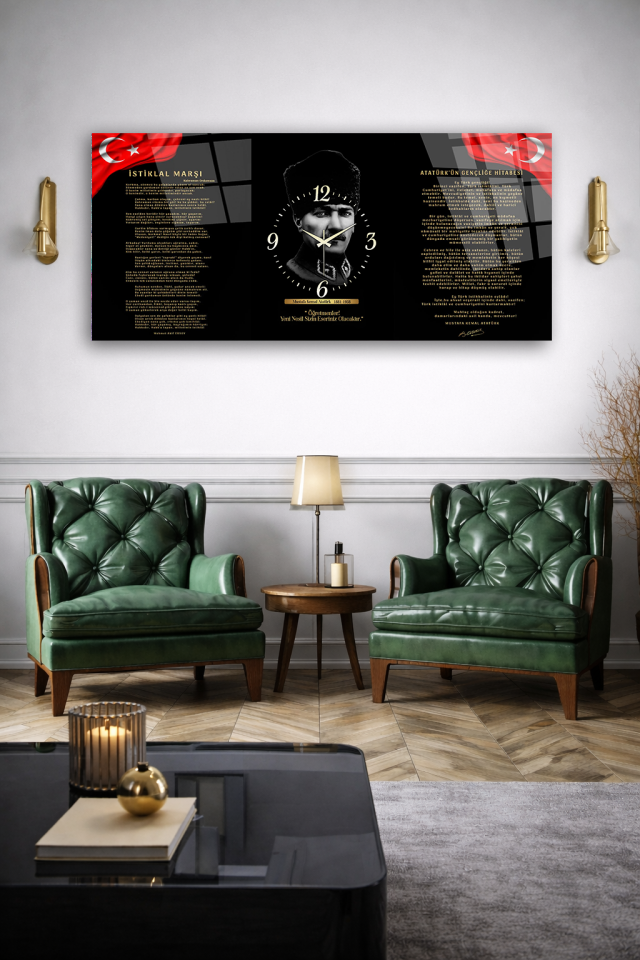KIRILMAZ CAM DUVAR SAATİ , HEM TABLO HEM SAAT ATATÜRK İSTİKLAL MARŞI GENÇLİĞE HİTABE OFİS HEDİYESİ