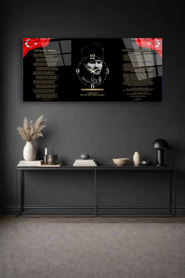 KIRILMAZ CAM DUVAR SAATİ , HEM TABLO HEM SAAT ATATÜRK İSTİKLAL MARŞI GENÇLİĞE HİTABE OFİS HEDİYESİ