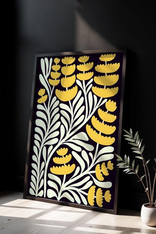 SİYAH - Botanik Serisi Sarı Çiçekli Matisse Doğal Ahşap Çerçeveli Duvar Tablosu