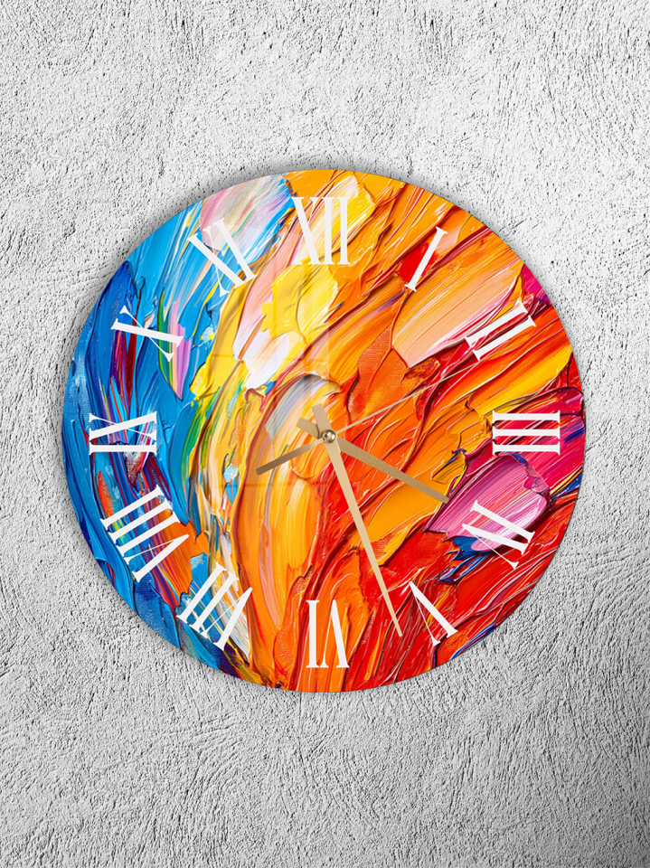 KIRILMAZ CAM DUVAR SAATİ, HEM TABLO HEM SAAT RENKLİ SOYUT FIRÇA DARBESİ SANATSAL EV OFİS HEDİYESİ