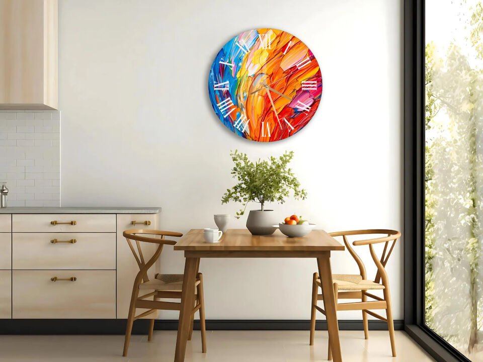 KIRILMAZ CAM DUVAR SAATİ, HEM TABLO HEM SAAT RENKLİ SOYUT FIRÇA DARBESİ SANATSAL EV OFİS HEDİYESİ