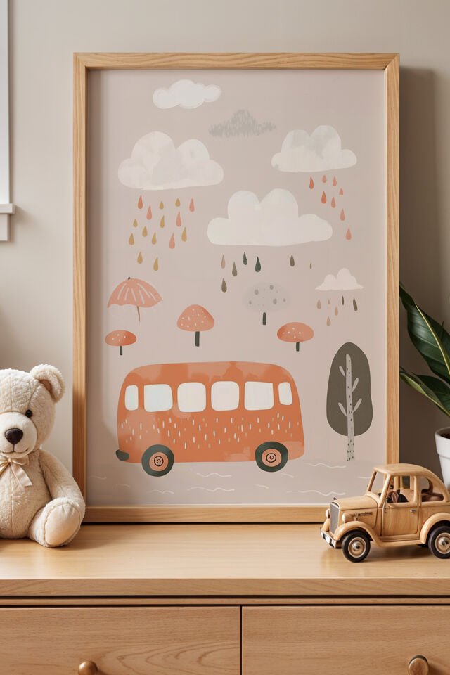 DOĞAL AHŞAP - Yağmurlu Gün ve Turuncu Otobüs - Doğal Ahşap Çerçeveli Çocuk ve Bebek Odası Tablosu