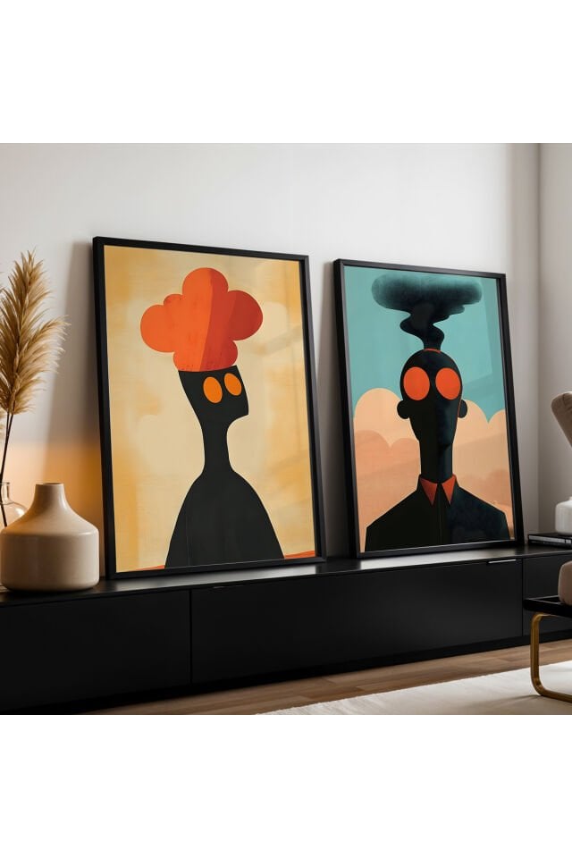 SİYAH - Abstract Portre ve Yüz İfadeleri İkili Doğal Ahşap Çerçeveli Duvar Tablo Seti