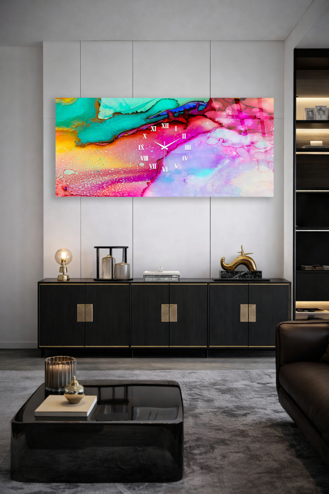 KIRILMAZ CAM DUVAR SAATİ , HEM TABLO HEM SAAT RENKLİ MERMER DESEN MODERN TASARIM