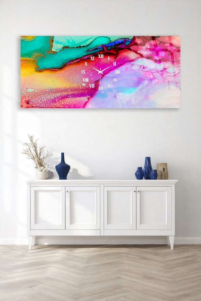 KIRILMAZ CAM DUVAR SAATİ , HEM TABLO HEM SAAT RENKLİ MERMER DESEN MODERN TASARIM