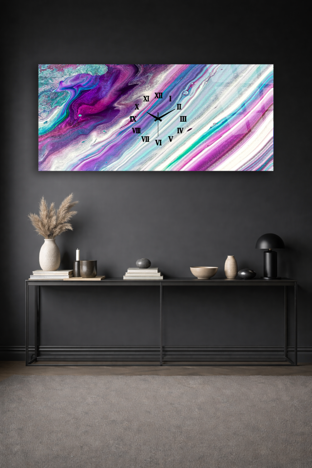 KIRILMAZ CAM DUVAR SAATİ , HEM TABLO HEM SAAT PASTEL RENKLER SOYUT TASARIM EV OFİS HEDİYESİ