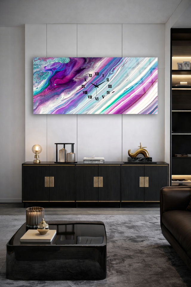 KIRILMAZ CAM DUVAR SAATİ , HEM TABLO HEM SAAT PASTEL RENKLER SOYUT TASARIM EV OFİS HEDİYESİ