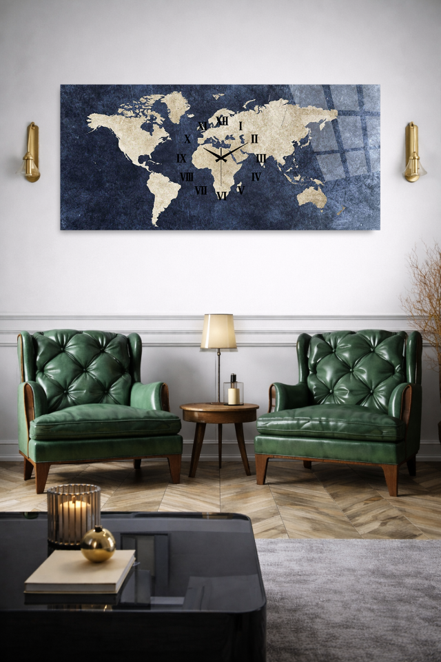 KIRILMAZ CAM DUVAR SAATİ , HEM TABLO HEM SAAT DÜNYA HARİTASI KLASİK EV OFİS HEDİYESİ