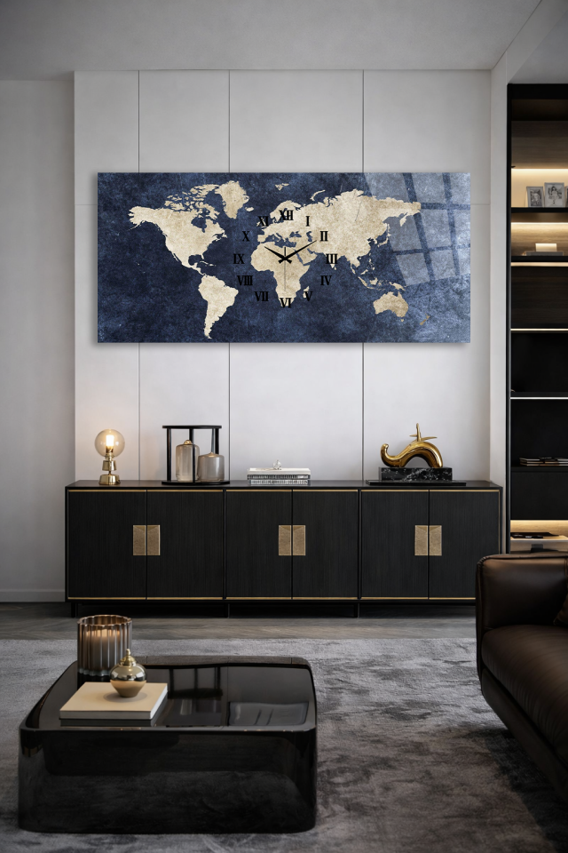 KIRILMAZ CAM DUVAR SAATİ , HEM TABLO HEM SAAT DÜNYA HARİTASI KLASİK EV OFİS HEDİYESİ