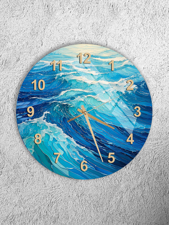 KIRILMAZ CAM DUVAR SAATİ, HEM TABLO HEM SAAT OKYANUS DALGA MANZARASI MODERN EV OFİS HEDİYESİ
