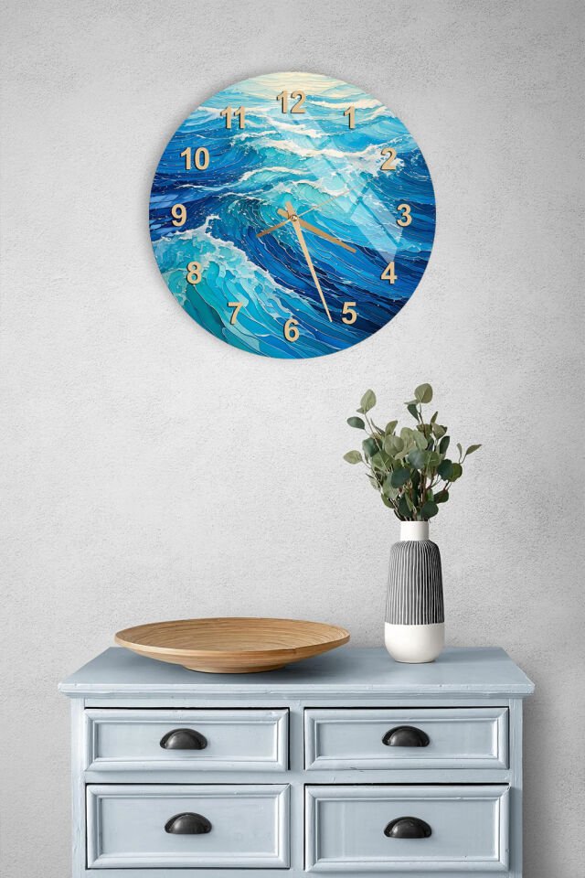 KIRILMAZ CAM DUVAR SAATİ, HEM TABLO HEM SAAT OKYANUS DALGA MANZARASI MODERN EV OFİS HEDİYESİ