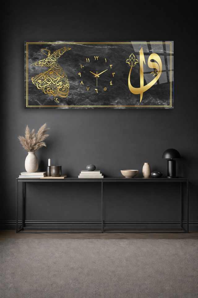 KIRILMAZ CAM DUVAR SAATİ , HEM TABLO HEM SAAT SİYAZ ZEMİN ALTIN ELİF VAV YAZISI EV OFİS HEDİYESİ