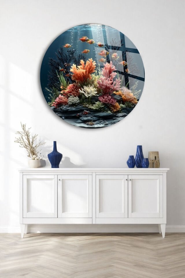 GERÇEK KIRILMAZ CAM TABLO YUVARLAK OKYANUS MERCAN BALIKLAR SU ALTI SANATSAL DUVAR DEKORU EV OFİS HEDİYESİ