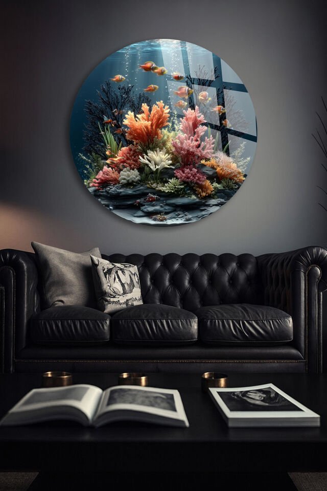 GERÇEK KIRILMAZ CAM TABLO YUVARLAK OKYANUS MERCAN BALIKLAR SU ALTI SANATSAL DUVAR DEKORU EV OFİS HEDİYESİ