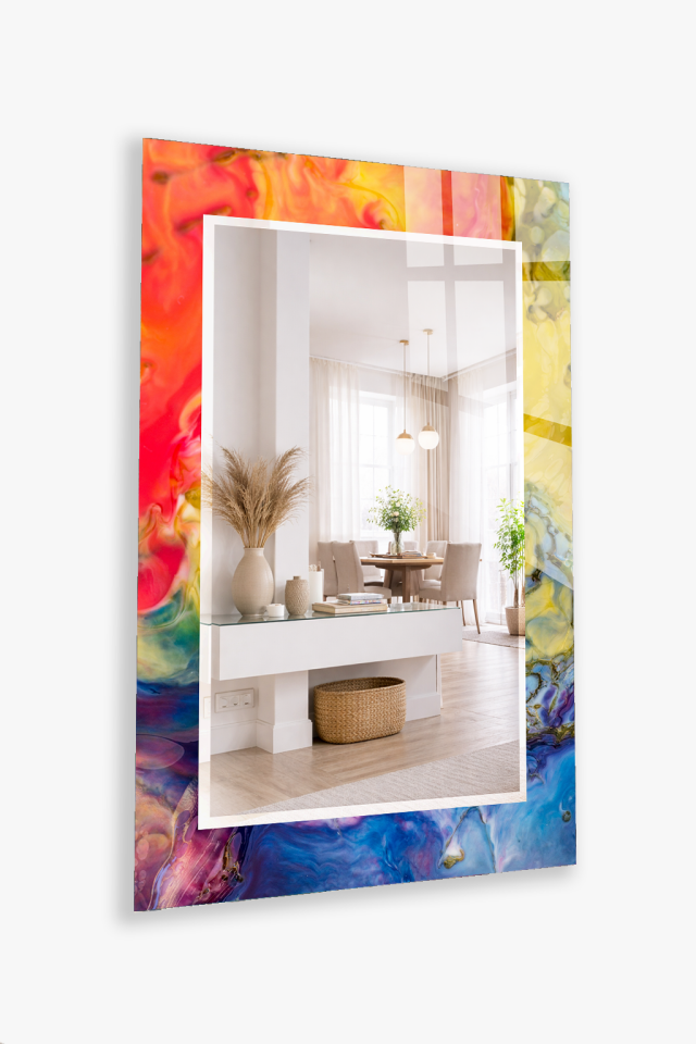 HEM TABLO HEM AYNA CANLI RENK SOYUT BOYA SANAT CAM DUVAR AYNASI EV DEKORU