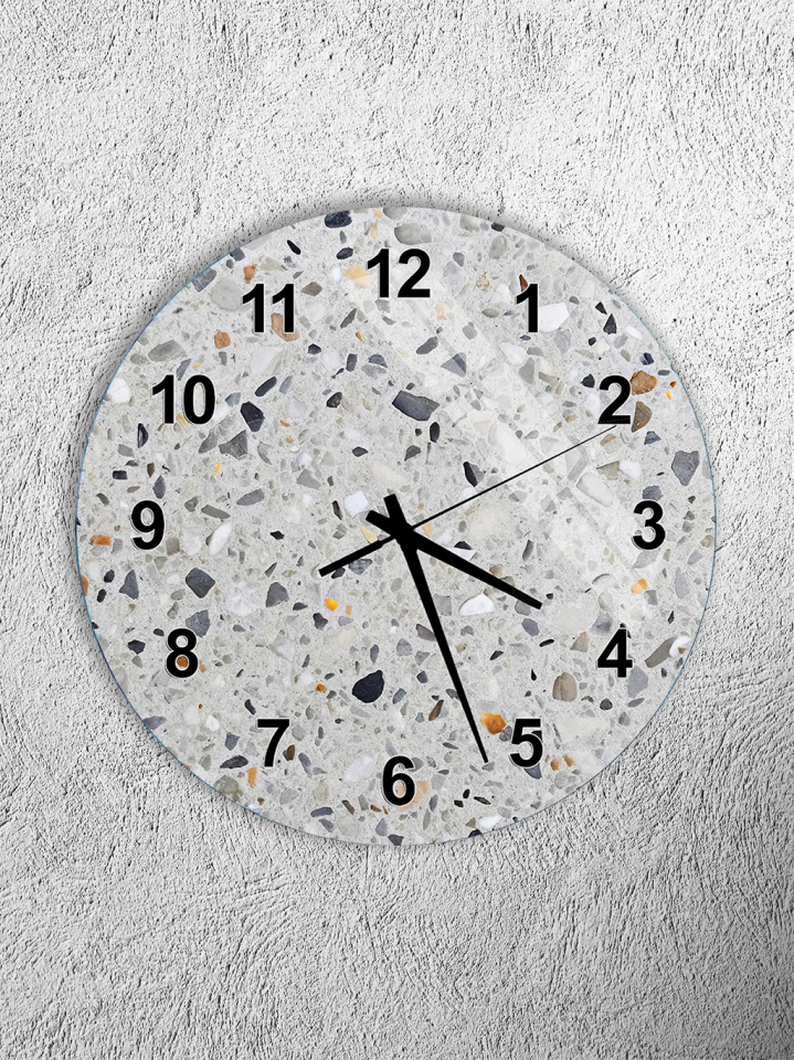 KIRILMAZ CAM DUVAR SAATİ, HEM TABLO HEM SAAT TERRAZZO TAŞ DESENLİ MODERN EV OFİS HEDİYESİ