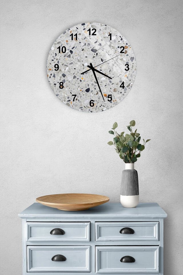 KIRILMAZ CAM DUVAR SAATİ, HEM TABLO HEM SAAT TERRAZZO TAŞ DESENLİ MODERN EV OFİS HEDİYESİ