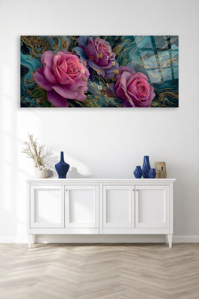 KIRILMAZ CAM DUVAR SAATİ , HEM TABLO HEM SAAT LÜKS GÜL DESENLİ ŞIK TASARIM EV OFİS HEDİYESİ