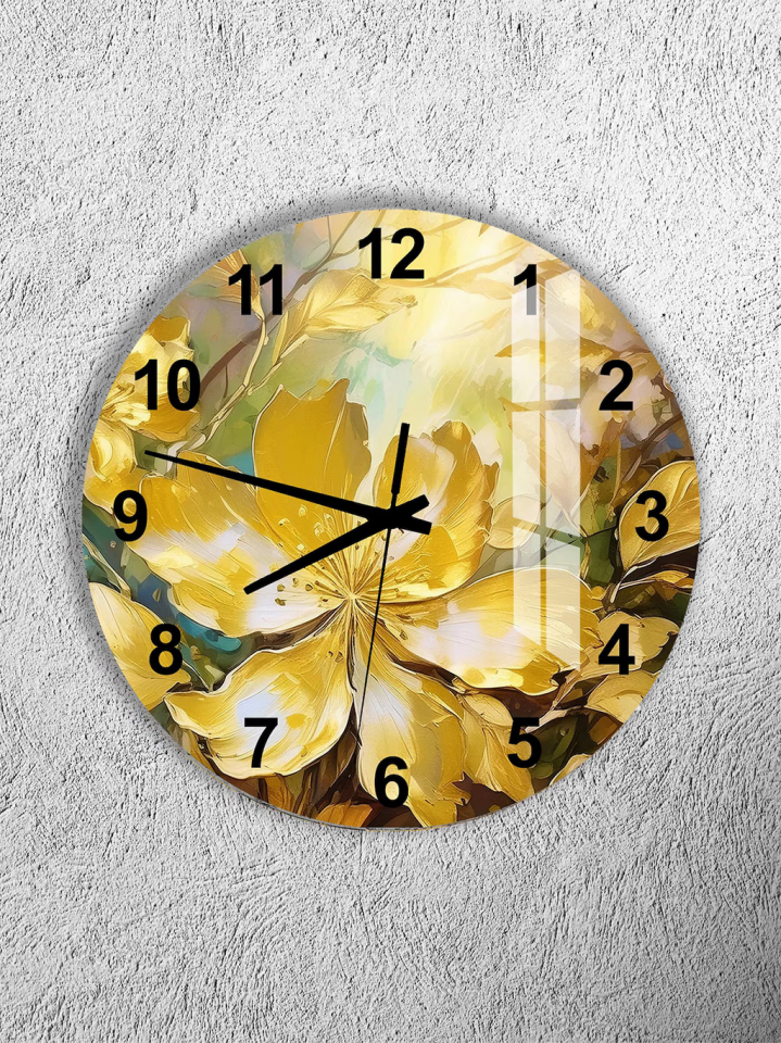 KIRILMAZ CAM DUVAR SAATİ, HEM TABLO HEM SAAT SARI ÇİÇEK SANATSAL TASARIM EV OFİS HEDİYESİ