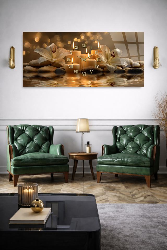 KIRILMAZ CAM DUVAR SAATİ , HEM TABLO HEM SAAT MUM VE ÇİÇEK ZEN EV OFİS HEDİYESİ