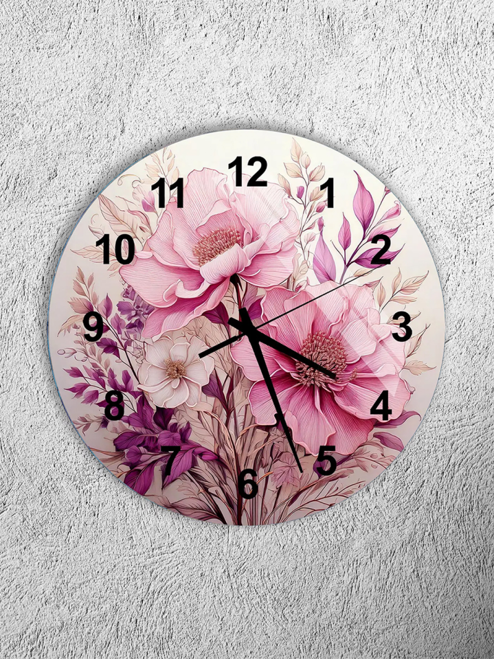 KIRILMAZ CAM DUVAR SAATİ, HEM TABLO HEM SAAT PEMBE ÇİÇEK BUKETİ ZARİF TASARIM EV OFİS HEDİYESİ