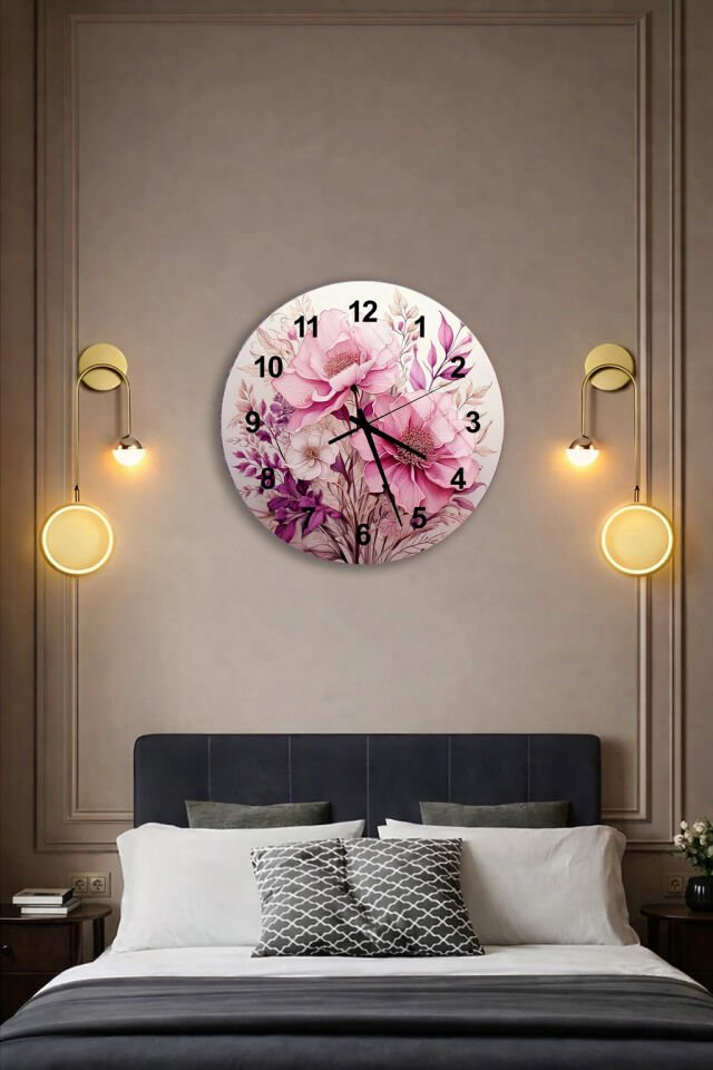 KIRILMAZ CAM DUVAR SAATİ, HEM TABLO HEM SAAT PEMBE ÇİÇEK BUKETİ ZARİF TASARIM EV OFİS HEDİYESİ
