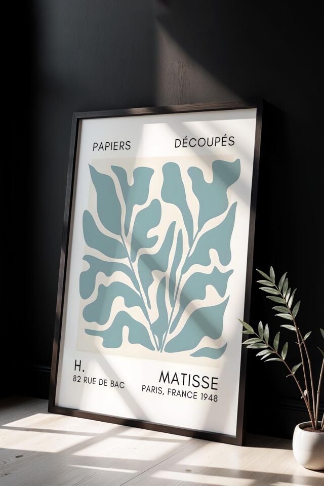 SİYAH - Botanik Serisi Mint Yeşili Çiçekli Matisse Doğal Ahşap Çerçeveli Duvar Tablosu