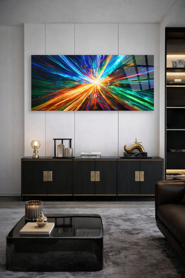 KIRILMAZ CAM DUVAR SAATİ , HEM TABLO HEM SAAT RENKLİ SOYUT MODERN TASARIM EV OFİS HEDİYESİ