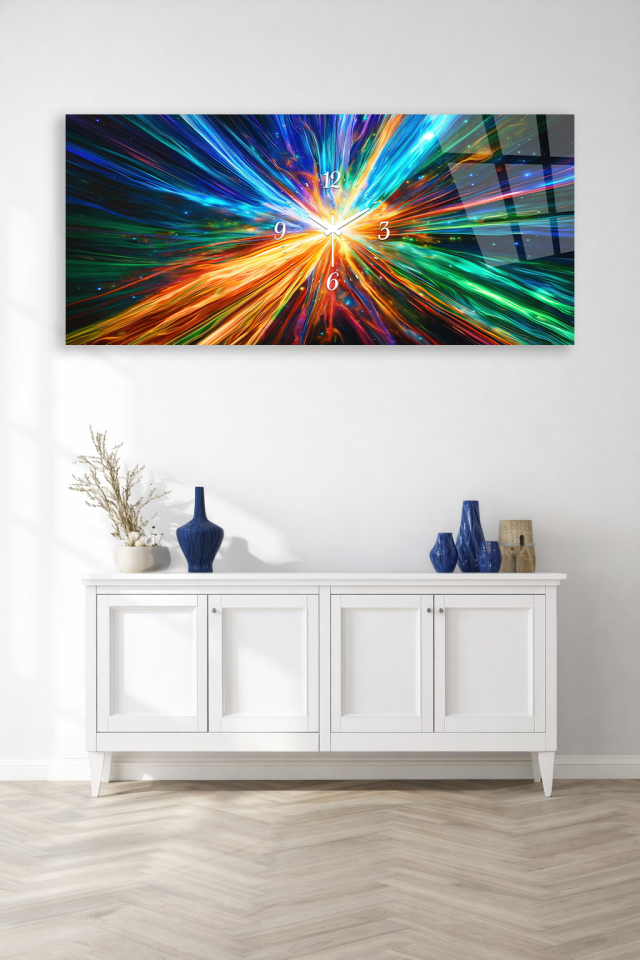 KIRILMAZ CAM DUVAR SAATİ , HEM TABLO HEM SAAT RENKLİ SOYUT MODERN TASARIM EV OFİS HEDİYESİ