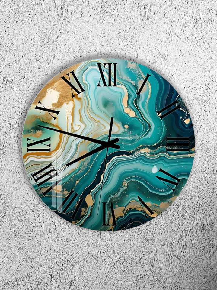 KIRILMAZ CAM DUVAR SAATİ, HEM TABLO HEM SAAT TURKUAZ MERMER DESEN EV OFİS HEDİYESİ
