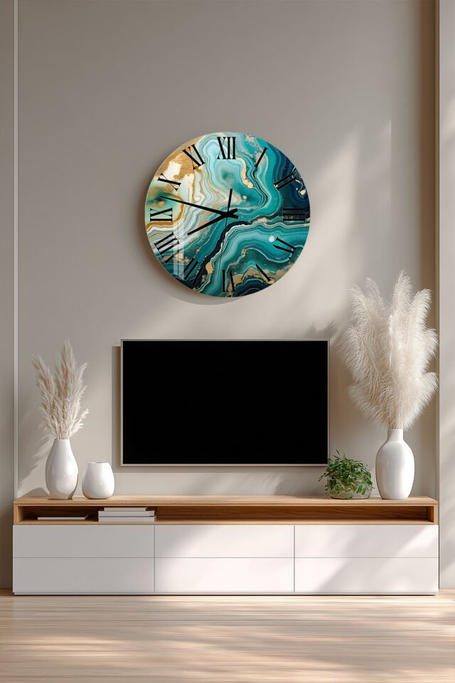 KIRILMAZ CAM DUVAR SAATİ, HEM TABLO HEM SAAT TURKUAZ MERMER DESEN EV OFİS HEDİYESİ