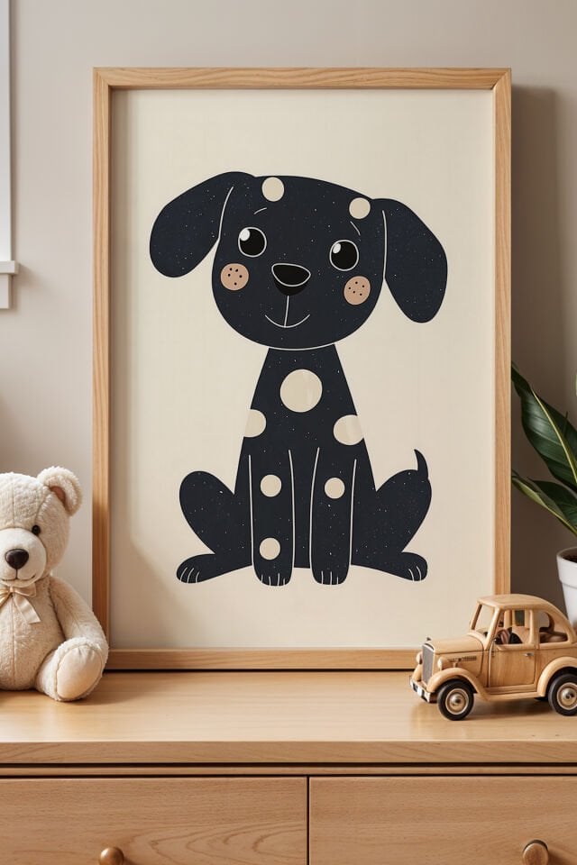 DOĞAL AHŞAP - Minimal Çizgili Şirin Köpek Çocuk Odası Ahşap Çerçeveli Duvar Tablosu