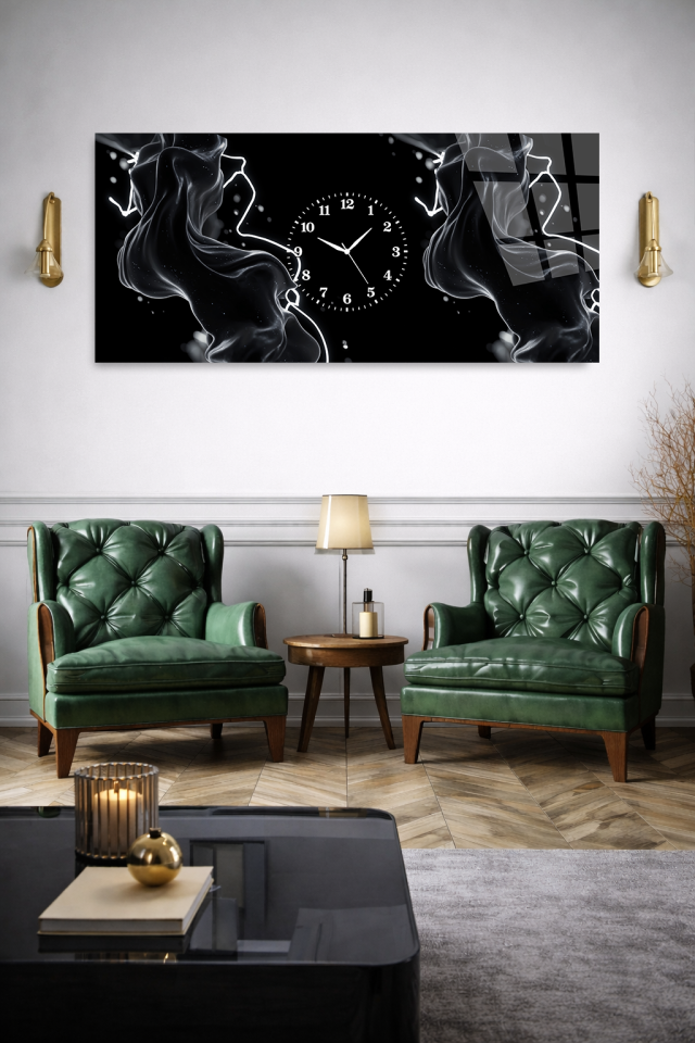 KIRILMAZ CAM DUVAR SAATİ, HEM TABLO HEM SAAT SİYAH SOYUT DUMAN TASARIM EV OFİS HEDİYESİ