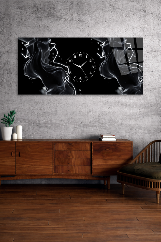 KIRILMAZ CAM DUVAR SAATİ, HEM TABLO HEM SAAT SİYAH SOYUT DUMAN TASARIM EV OFİS HEDİYESİ
