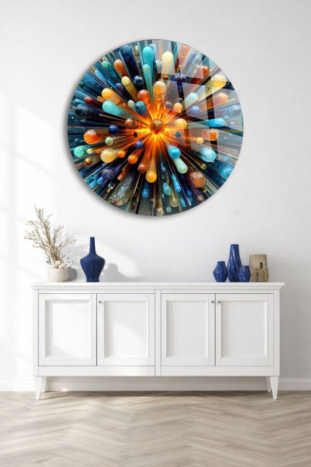 GERÇEK KIRILMAZ CAM TABLO YUVARLAK KOZMİK PATLAMA RENKLİ SOYUT SANATSAL DUVAR DEKORU EV OFİS HEDİYESİ