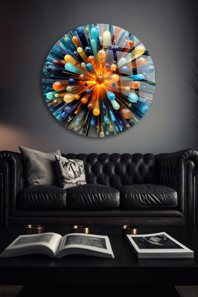 GERÇEK KIRILMAZ CAM TABLO YUVARLAK KOZMİK PATLAMA RENKLİ SOYUT SANATSAL DUVAR DEKORU EV OFİS HEDİYESİ