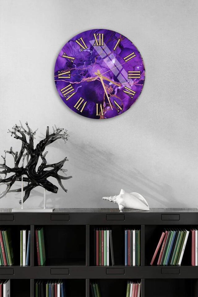 KIRILMAZ CAM DUVAR SAATİ, HEM TABLO HEM SAAT MOR MERMER ALTIN DAMARLI LÜKS EV OFİS HEDİYESİ