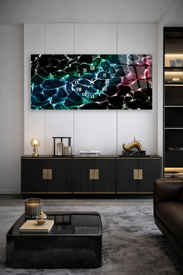 KIRILMAZ CAM DUVAR SAATİ , HEM TABLO HEM SAAT RENKLİ MOZAİK DOKU TASARIM EV OFİS HEDİYESİ