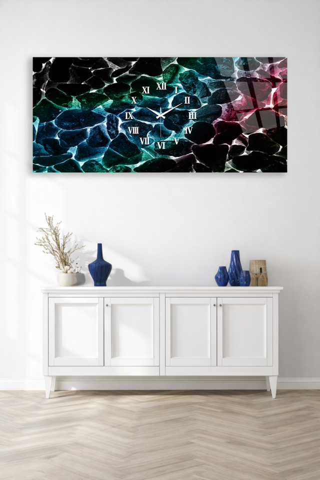 KIRILMAZ CAM DUVAR SAATİ , HEM TABLO HEM SAAT RENKLİ MOZAİK DOKU TASARIM EV OFİS HEDİYESİ