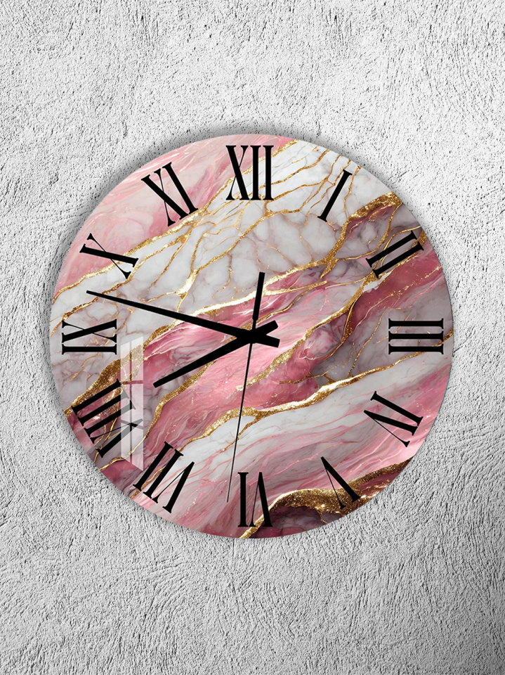 KIRILMAZ CAM DUVAR SAATİ, HEM TABLO HEM SAAT PEMBE MERMER ALTIN DETAY EV OFİS HEDİYESİ