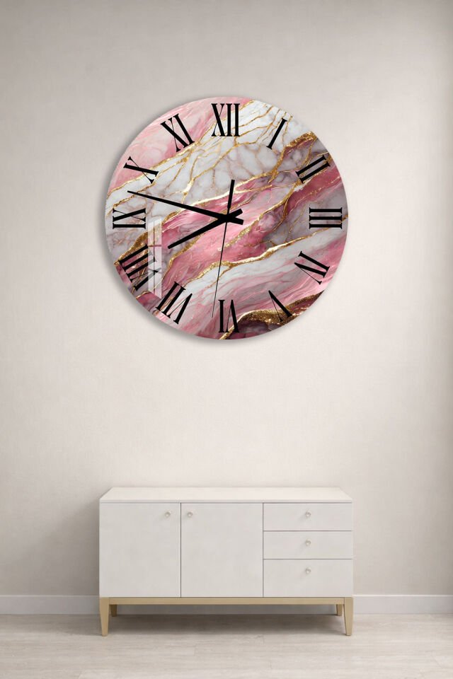 KIRILMAZ CAM DUVAR SAATİ, HEM TABLO HEM SAAT PEMBE MERMER ALTIN DETAY EV OFİS HEDİYESİ