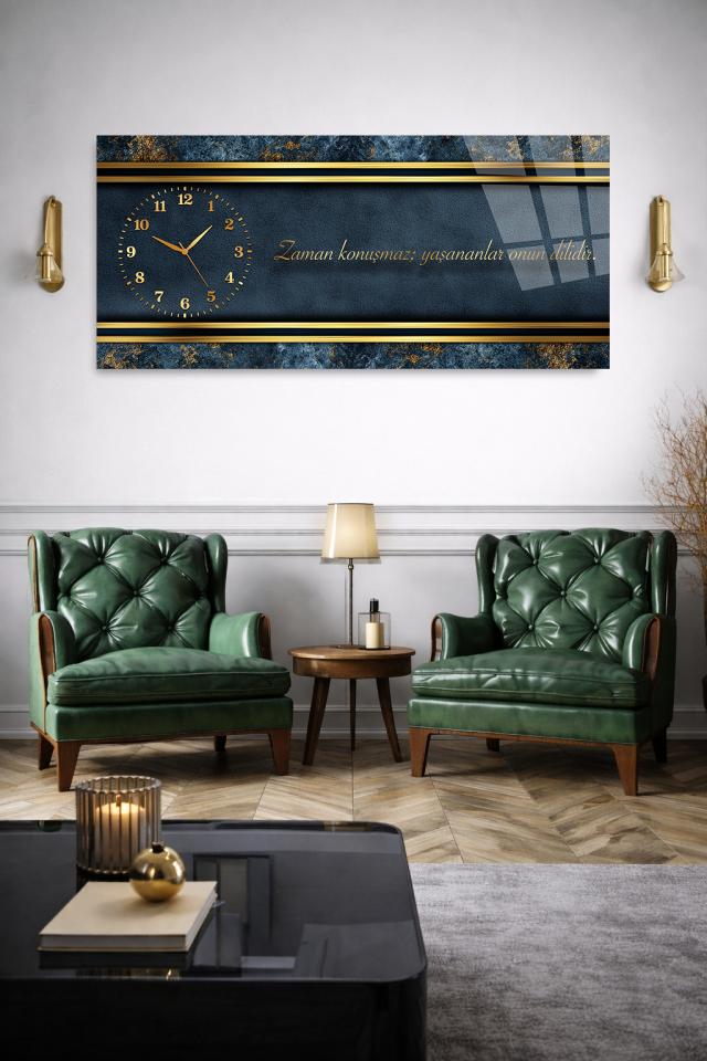 KIRILMAZ CAM DUVAR SAATİ, HEM TABLO HEM SAAT LACİVERT ALTIN ŞERİT MODERN TASARIM EV OFİS HEDİYESİ