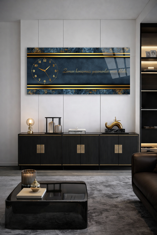 KIRILMAZ CAM DUVAR SAATİ, HEM TABLO HEM SAAT LACİVERT ALTIN ŞERİT MODERN TASARIM EV OFİS HEDİYESİ