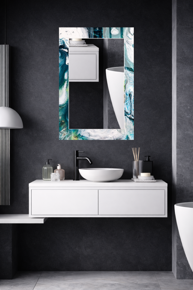 HEM TABLO HEM AYNA MAVİ BEYAZ SOYUT AKIŞKAN SANAT CAM DUVAR AYNASI EV DEKORU