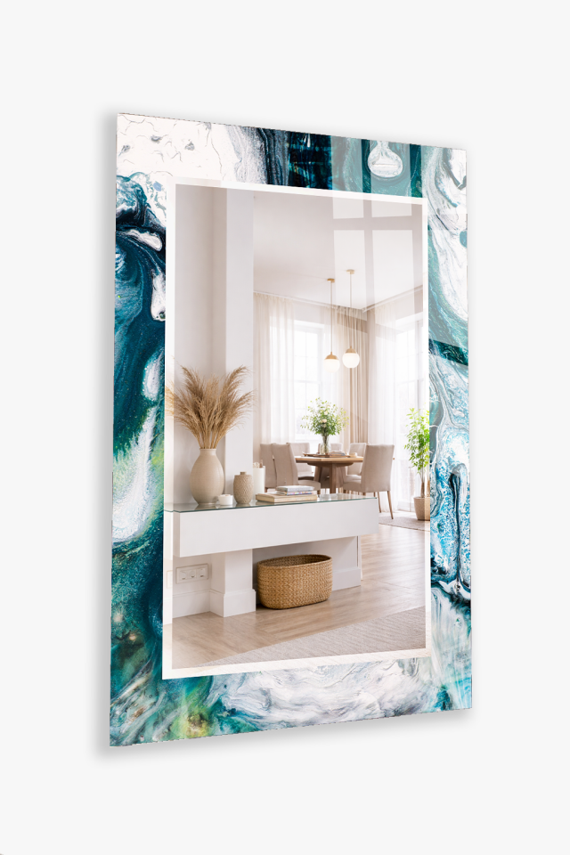 HEM TABLO HEM AYNA MAVİ BEYAZ SOYUT AKIŞKAN SANAT CAM DUVAR AYNASI EV DEKORU